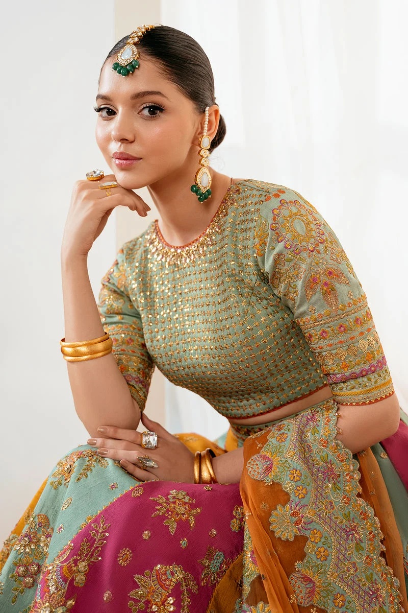 BAROQUE MEHNDI MULTI Pakistani fashion outfit in mustard, pink, aqua…